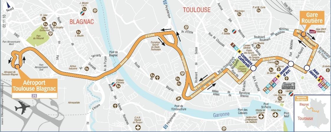 mapa de Toulouse aeroporto shuttle ruta 